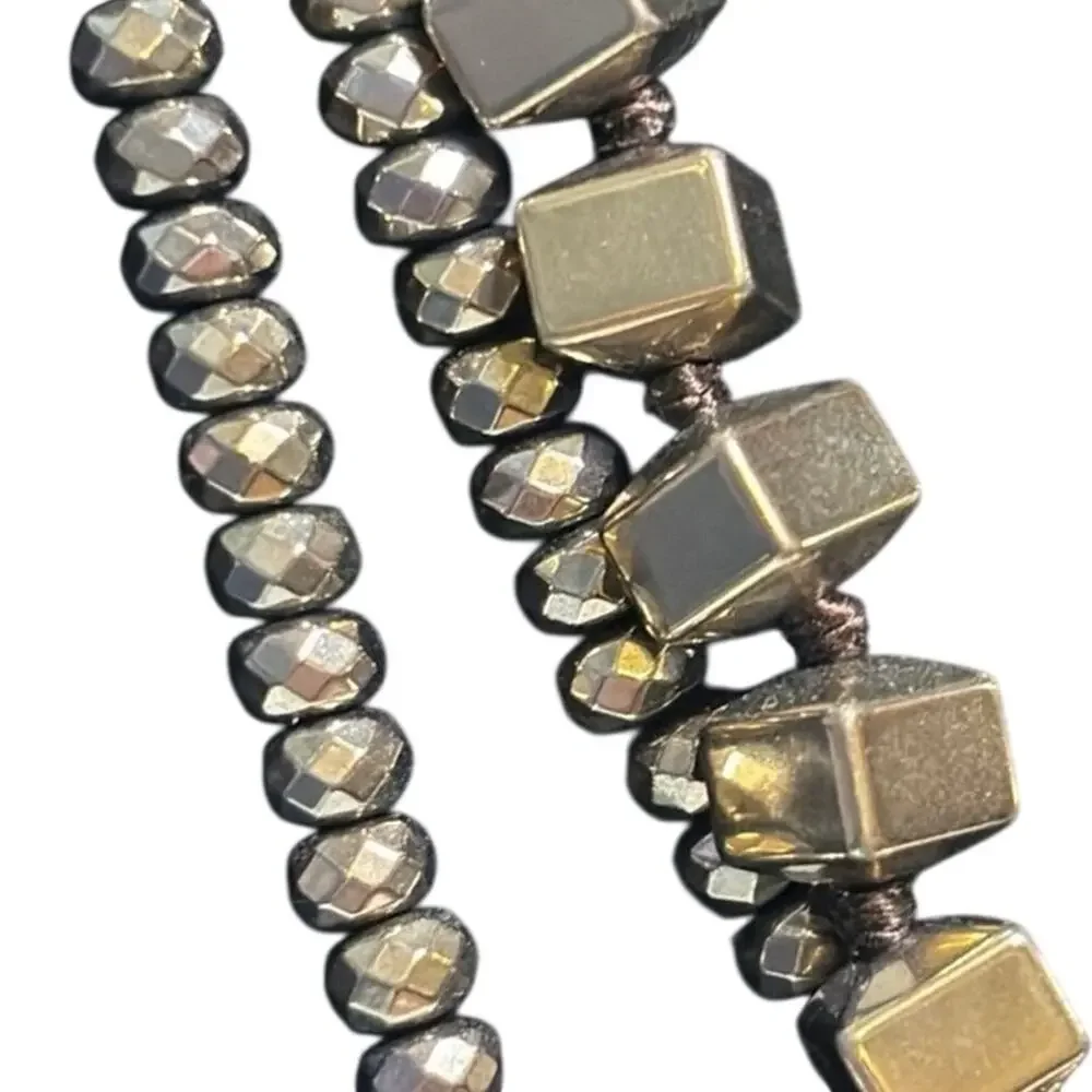 Layered Brass Tone Faceted Bead & Cube Bead Statement Necklace 17”